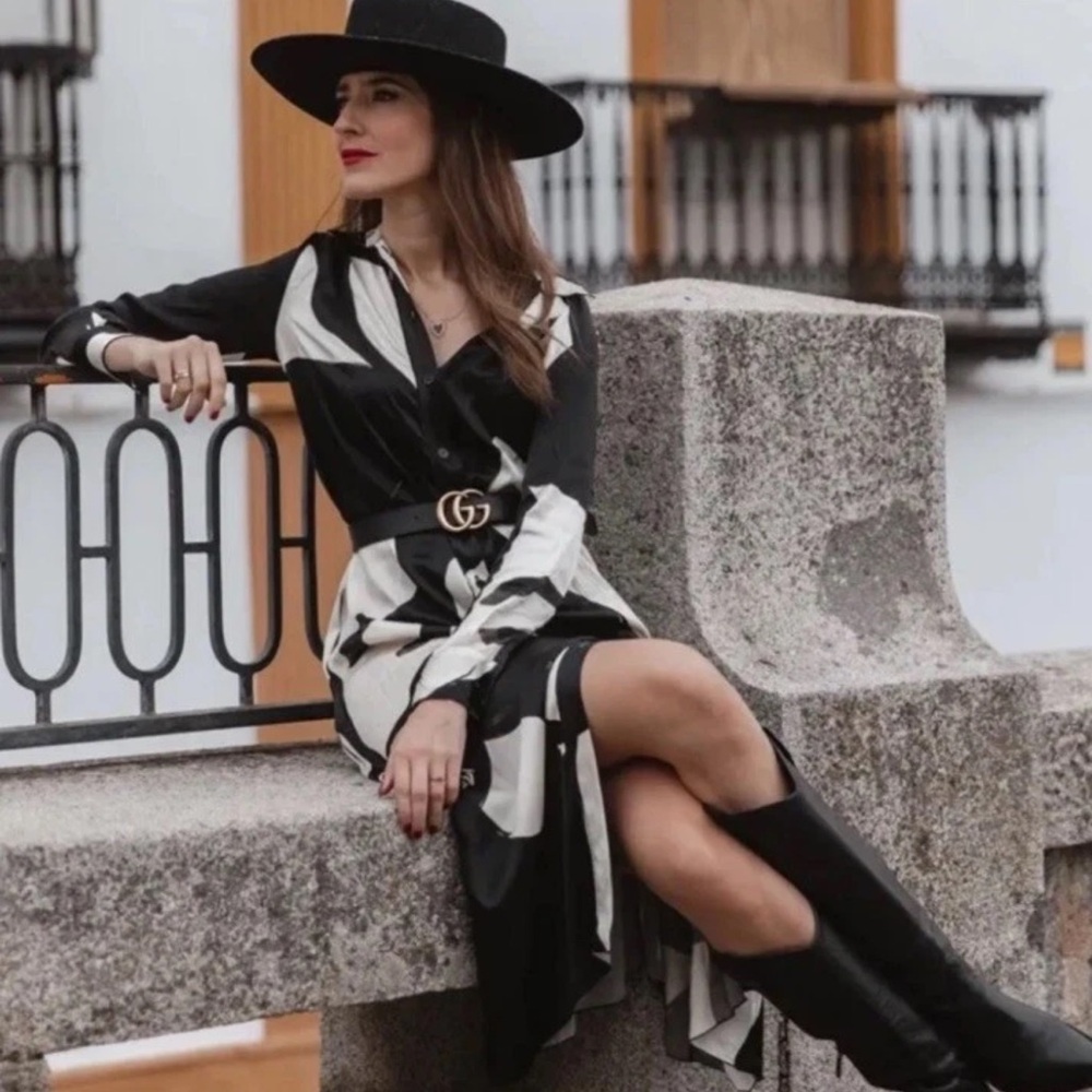 Zara ZW Collection Print Black and White Long Sleeve Shirt Dress